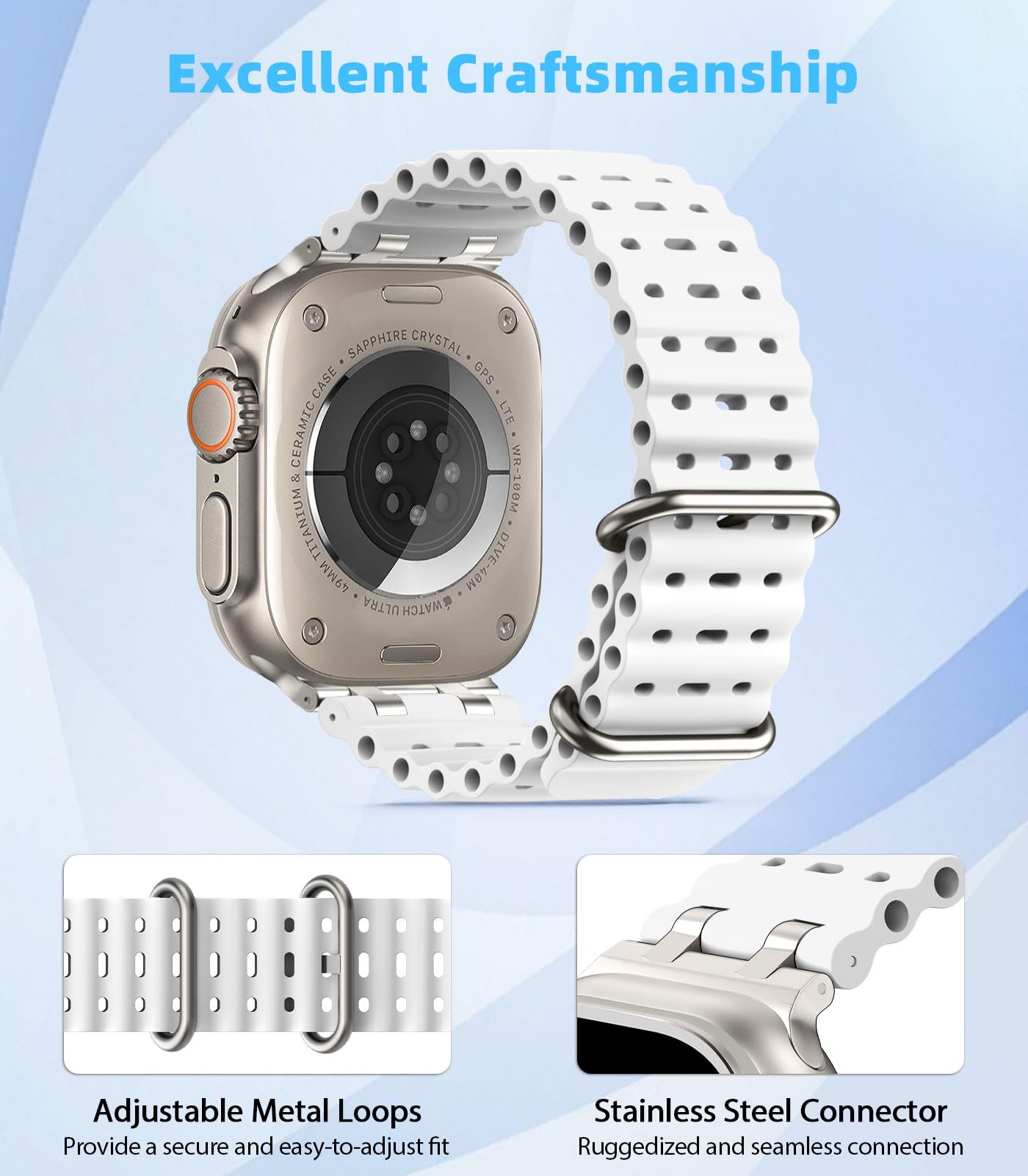 MoKo Cinturino Ocean Compatibile con Apple Watch Ultra 3/2/1 49 mm, S11/S10 46 mm, 9/8/7 45 mm, SE3/SE2/SE/6/5/4 44 mm, 3/2/1 42 mm, Cinturino Sportivo in Silicone Traspirante