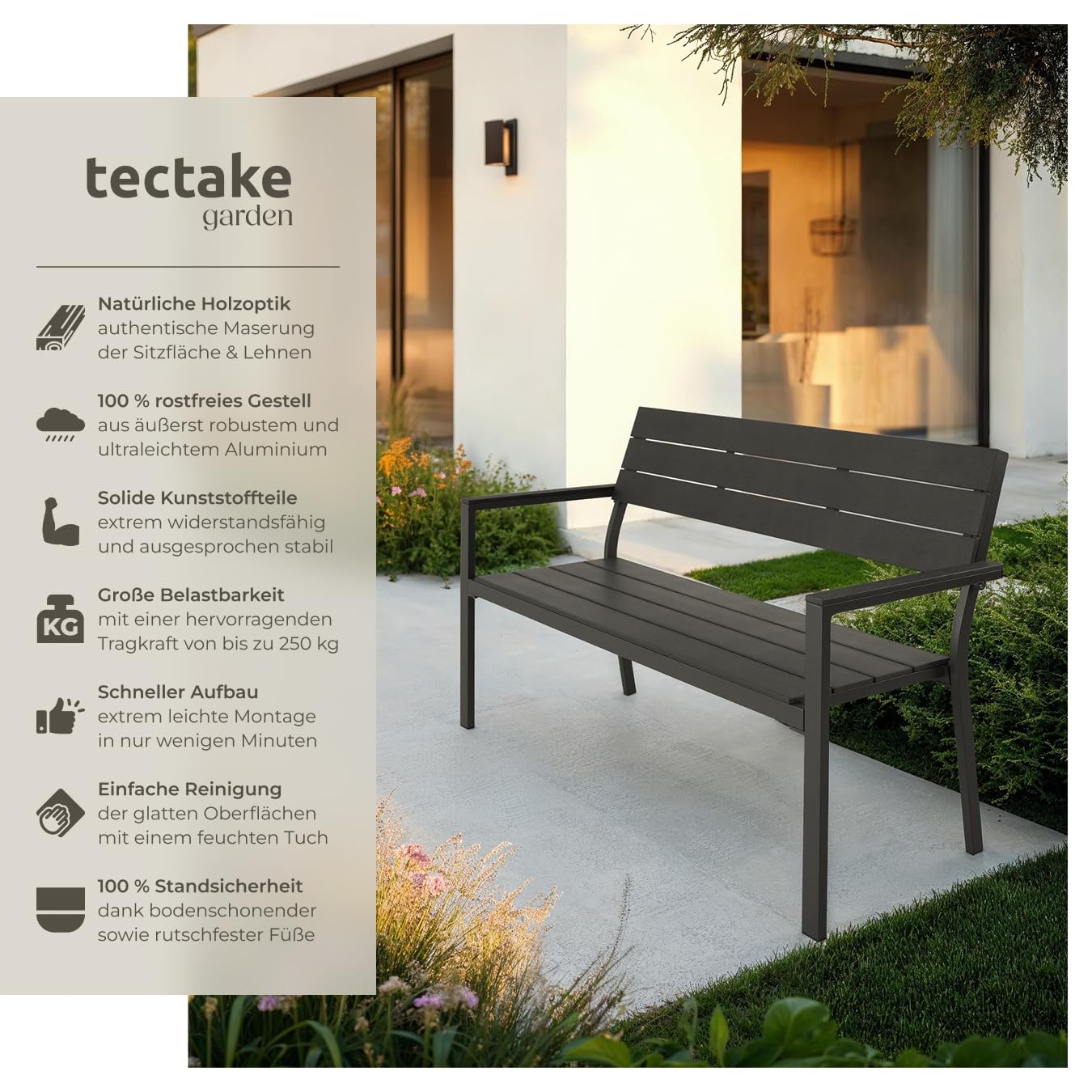 tectake® Gartenbank, Bank in Holzoptik mit Aluminium Rahmen, Gartenmöbel, Balkonbank Sitzbank für Wintergarten, Terrasse, Garten, bis 250kg belastbar, 2-Sitzer Parkbank, 128 x 59 x 88 cm - dunkelgrau