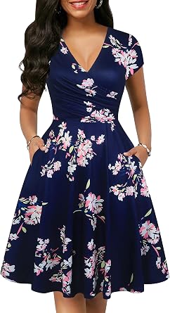 oxiuly Womens Vintage Dot V-Neck Cap Sleeve Casual Pockets Swing Tea Dress OX296