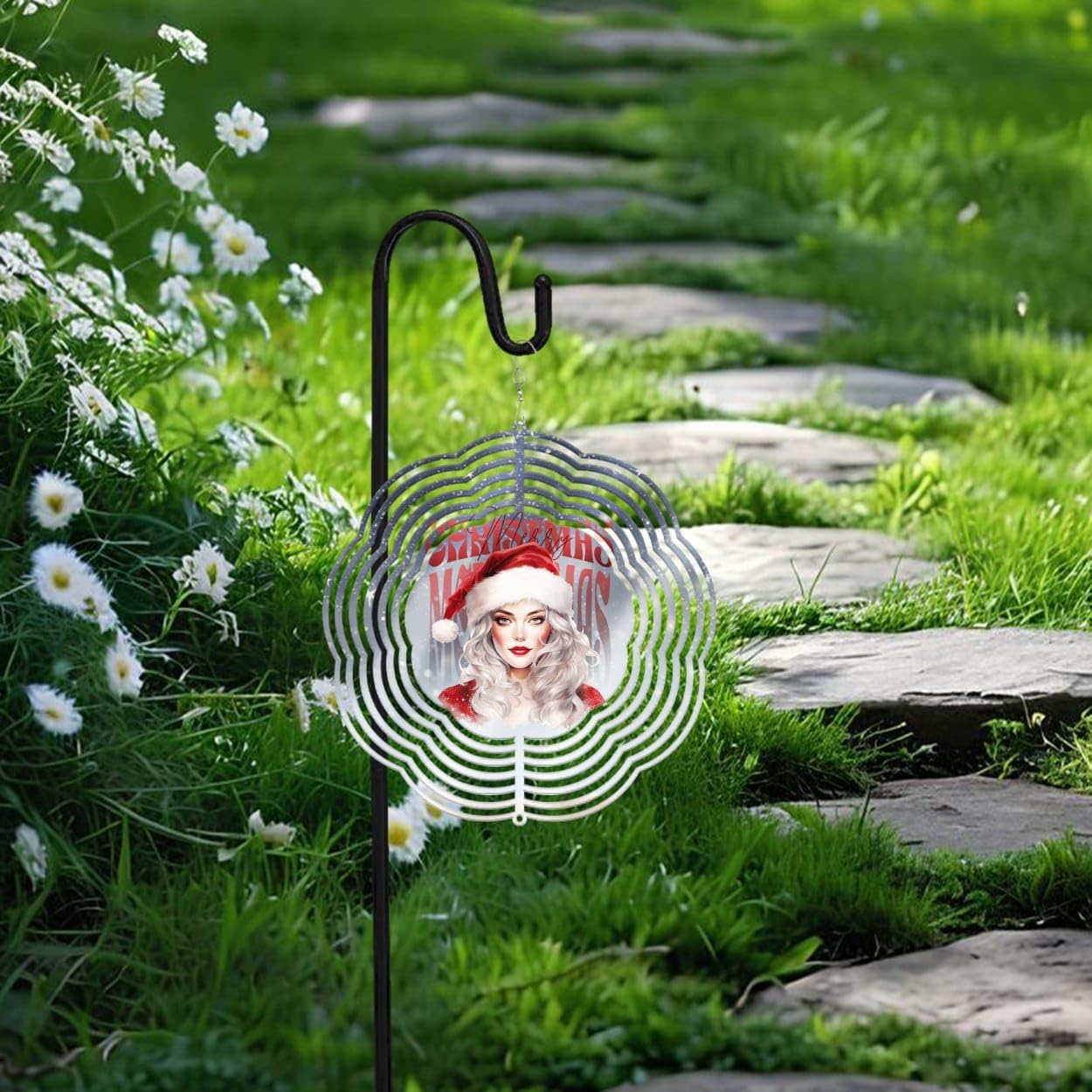 Santa Girl Merry Christmas Wind Spinners 3D Stainless Steel Laser Cut Metal Double Sided Printing-Hanging Indoor/Outdoor Decorations Yard Gardening Decor,Metal Kinetic Art 16x16 inches