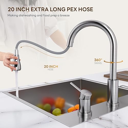 Miniatura 2 de APPASO Grifo de cocina de 2 agujeros, grifo de cocina de acero inoxidable con rociador extraíble, 3 modos, níquel cepillado de arco alto, moderno