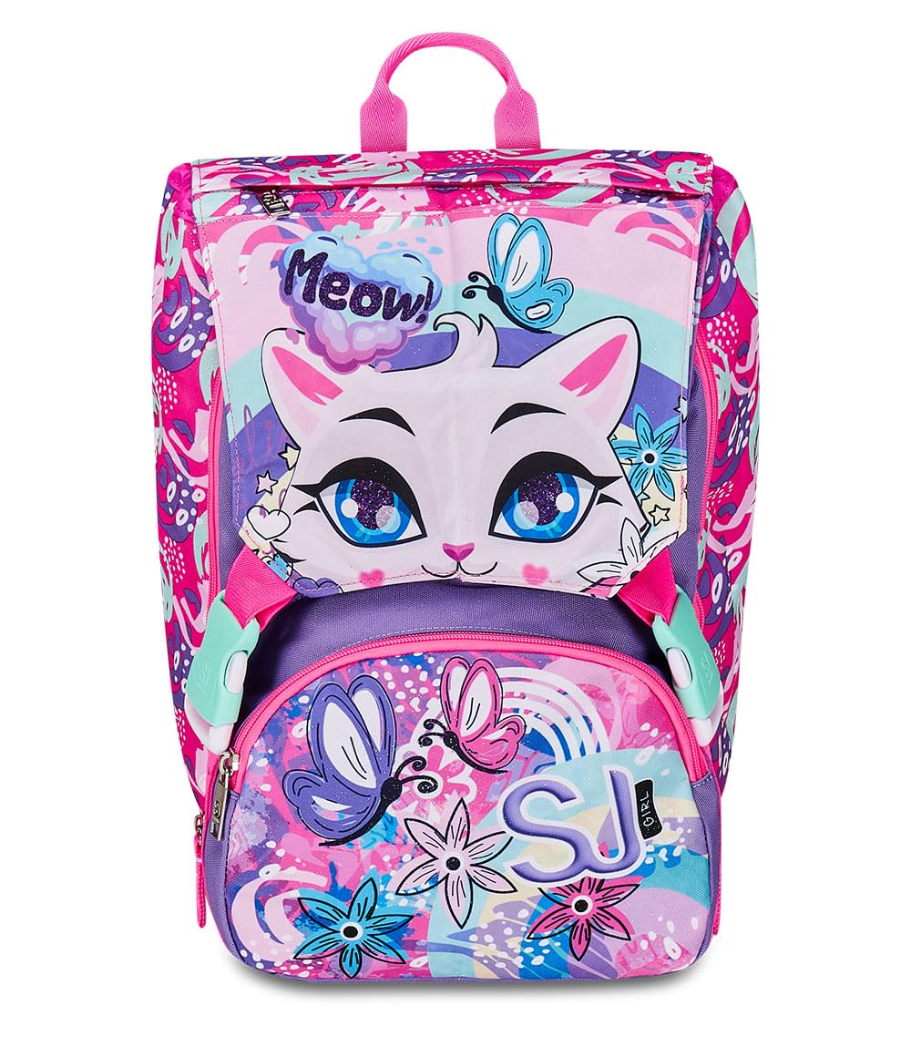 Seven Zaino Scuola SJ GANG CUCCIOLI, Rosa, Estensibile tramite Zip, Bambina + Portapenne + Astuccio 3 zip