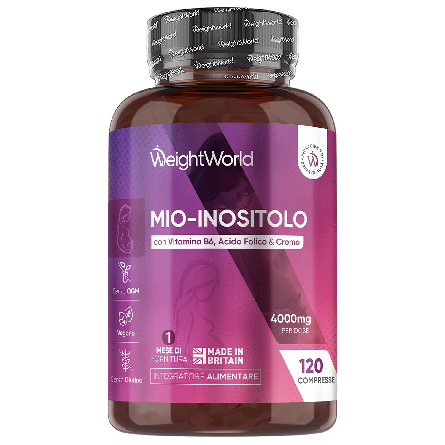 Myo Inositolo Vegano 4000mg, Inositolo Integratore con Acido Folico, Vitamina B6, Cromo Picolinato, la Vitamina B6 Contribuisce alla Regolazione dell'Attività Ormonale (EFSA), Senza Magnesio Stearato