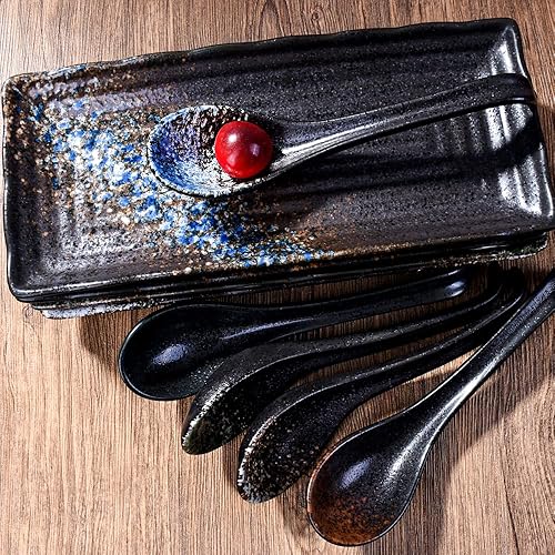 Miniatura 6 de Juego de 5 cucharas de sopa de mango largo japonés y coreano de 7 pulgadas con mango curvo para cucharas de miso pho