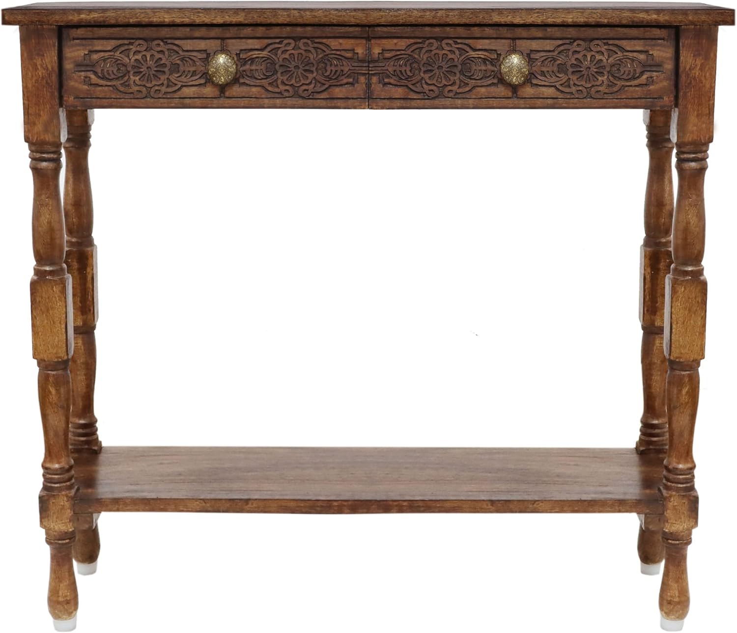 COTTON CRAFT Solid Wood Accent Console Table - Hand Carved Sofa Table - Hallway Entryway Two Drawers Small Space Transitional Traditional Farmhouse Easy Assembly - 36 W x 32 H x 11 D - Antique Brown