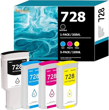 728 Ink Cartridges 4-Pack 300ml Matte Black / 130ml Cyan/Magenta/Yellow Lomenti Compatible HP 728 Ink Cartridge F9J68A F9J67A F9J66A F9J65A for DesignJet T830 MFP & T730 Large Format Plotter Printer