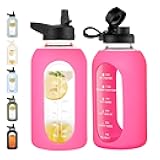 CIVAGO 64 oz Glass Water Bottle Jug with Straw and Handle, Half Gallon Sports Motivational Water Bottle with Time Marker, Wide Mouth Water Flask Canteen with Silicone Sleeve for Gym,Camelia