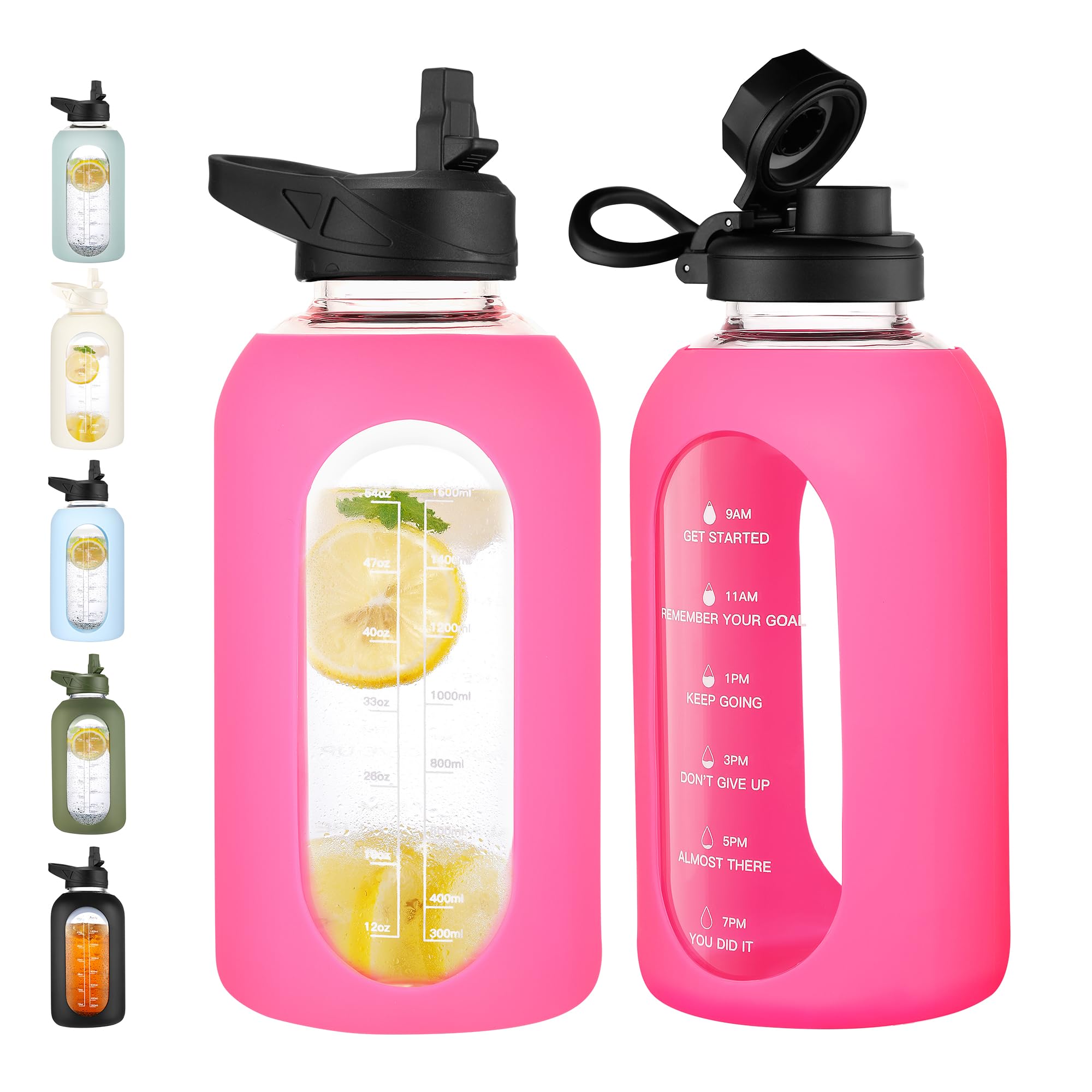 CIVAGO 64 oz Glass Water Bottle with Straw, Half Gallon Large Water Jug