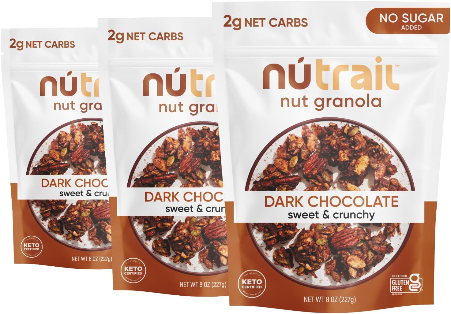 NuTrail Nut Granola Cereal, Dark Chocolate, No Sugar Added, Keto, Low Carb, Gluten Free, Grain Free, Healthy Breakfast 8 oz. 3 Count