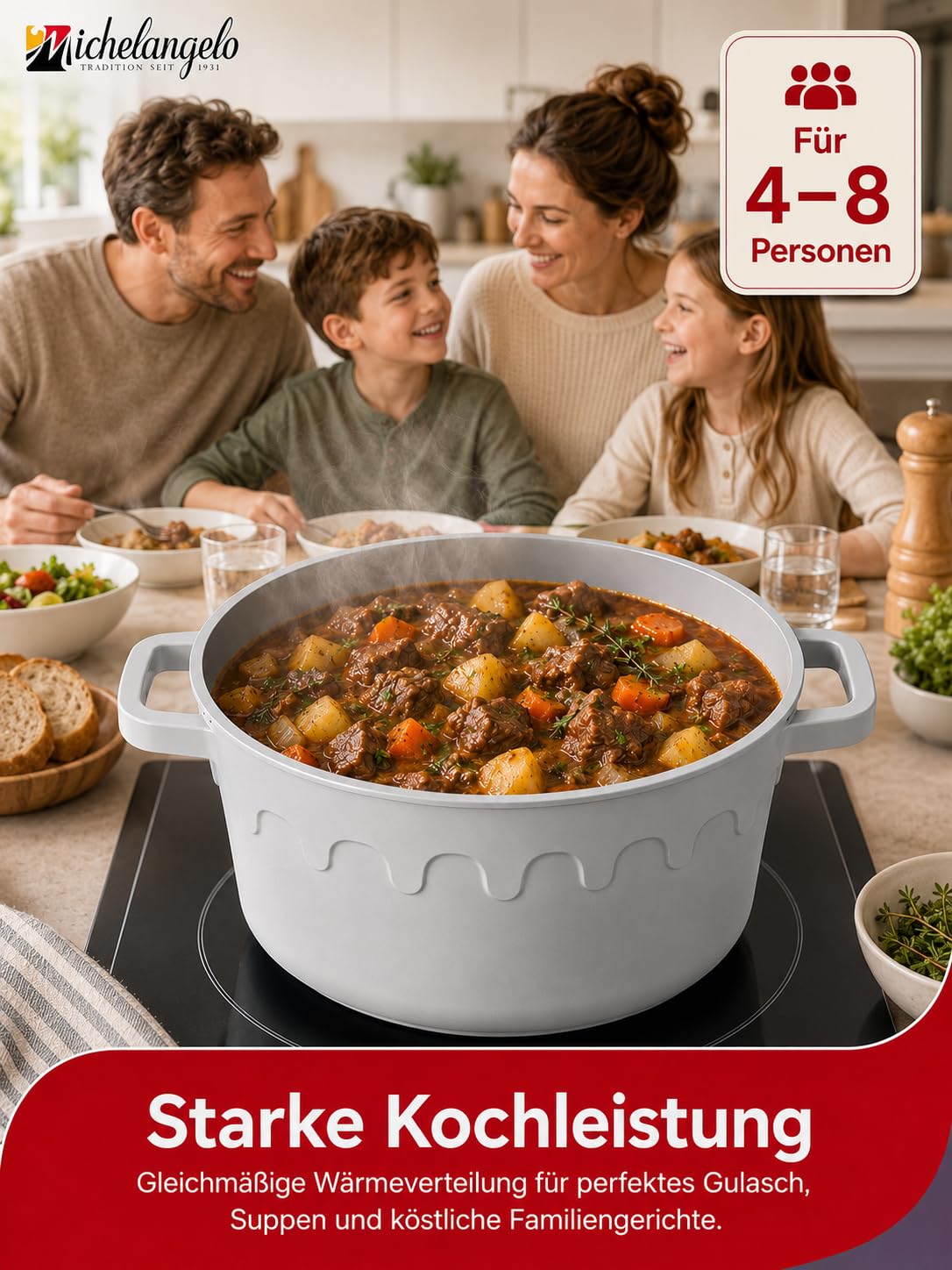MICHELANGELO 8 L Suppentopf mit Glasdeckel, Titan-Keramik-Antihaft Kochtopf