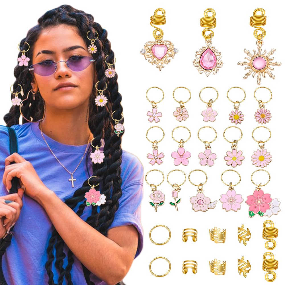 132pcs Pink Crystal Hair Jewelry Butterfly Clips Flower Loc Jewelry Hair Charms with Jump Rings Alloy Enamel Hair Clip Ornaments Glass Pendants Accessories for Women Dreadlock