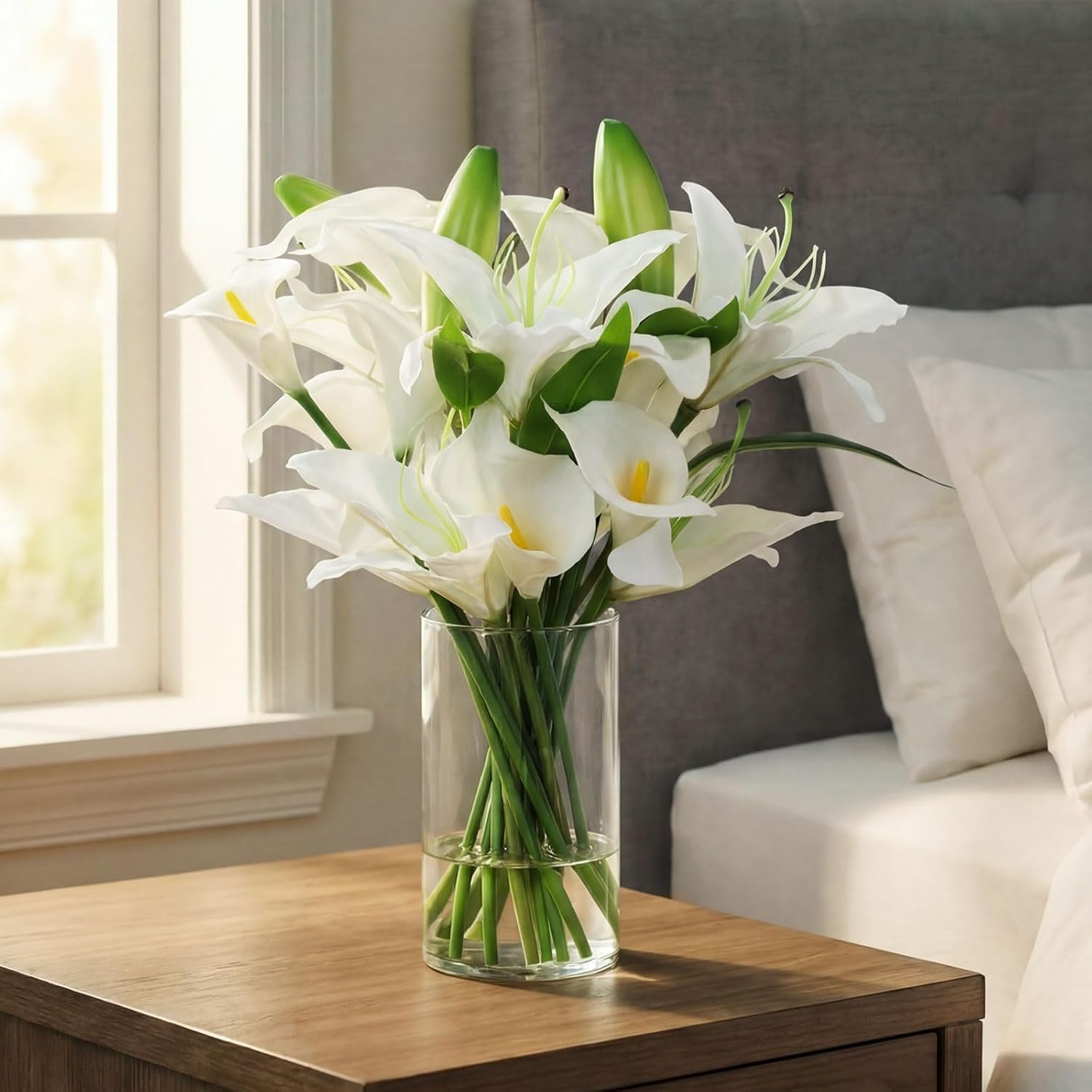 15.74 Inch White Fake Flowers Artificial Calla Lily Lily Flowers Green Bud with Faux Water Realistic Touch for Mother's Day Easter Dining Room Centerpiece Table Wedding Spring Decor