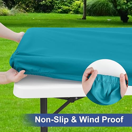 Miniatura 23 de homing Paquete de 2 manteles rectangulares elásticos ajustables de 6 pies, tela impermeable, mantel de poliéster lavable para picnic, campamento, al