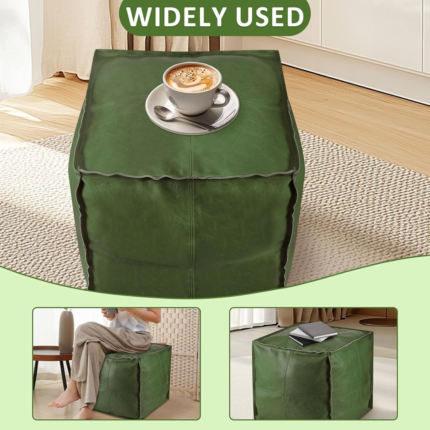 Unstuffed Faux Leather Square Pouf, 17.7 inch Handmade Faux PU Leather Moroccan, Home Play Room Organizer Foot Rest, Waterproof Floor Chair Foot Rest for Living Room Balcony Office (Green)