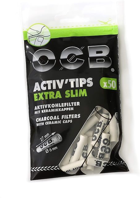 OCB ActivTips Extra Slim 6 mm  Activated Carbon Filter with Ceramic Caps  1 Bag of 50 Pieces, White, S