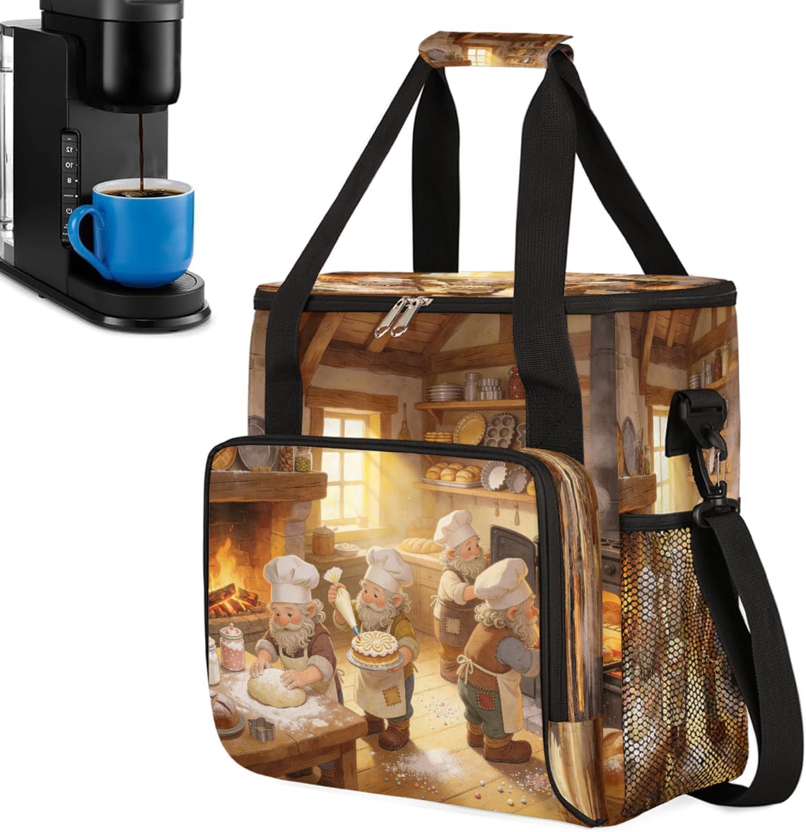 Gnome Fireplace Bakery Portable Coffee Maker Carrying Bag Compatible with Keurig K-Mini/K-Mini Plus - Travel Storage Tote with K-Cup Pod Pockets for Single Serve Coffee Brewer