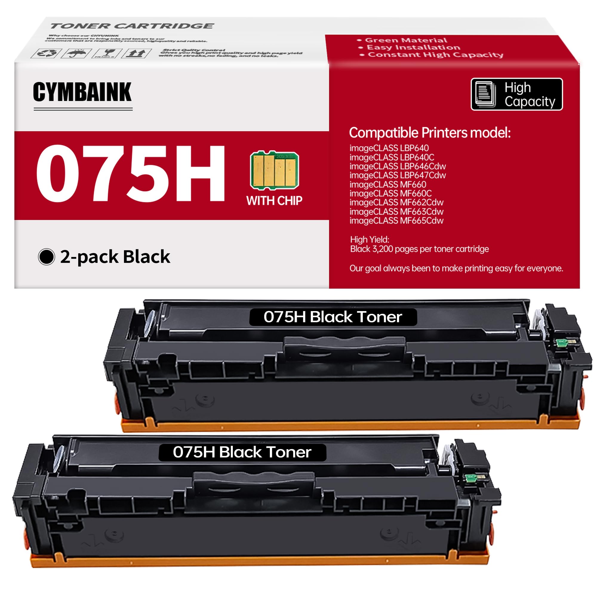 Twin Pack 075H 075 MF660 LBP640 Replacement for Canon 075 075H Toner Cartridge Compatible with Canon Color imageclass MF665Cdw, MF663Cdw, MF662Cdw, LPB647Cdw, LBP646Cdw Printer（2 Black）