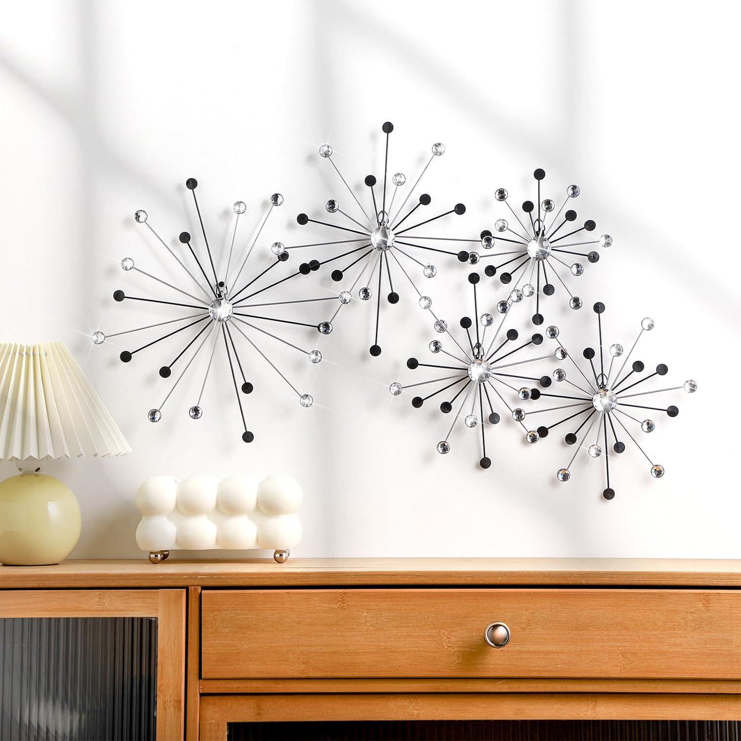 Shimeyao 5 Pcs Mid Century Wall Decor Black and Silver Metal Starburst Wall Art Jeweled Atomic Bling Crystal Home Decoration Diamond Accents for Living Bedroom Entryway Easy Install