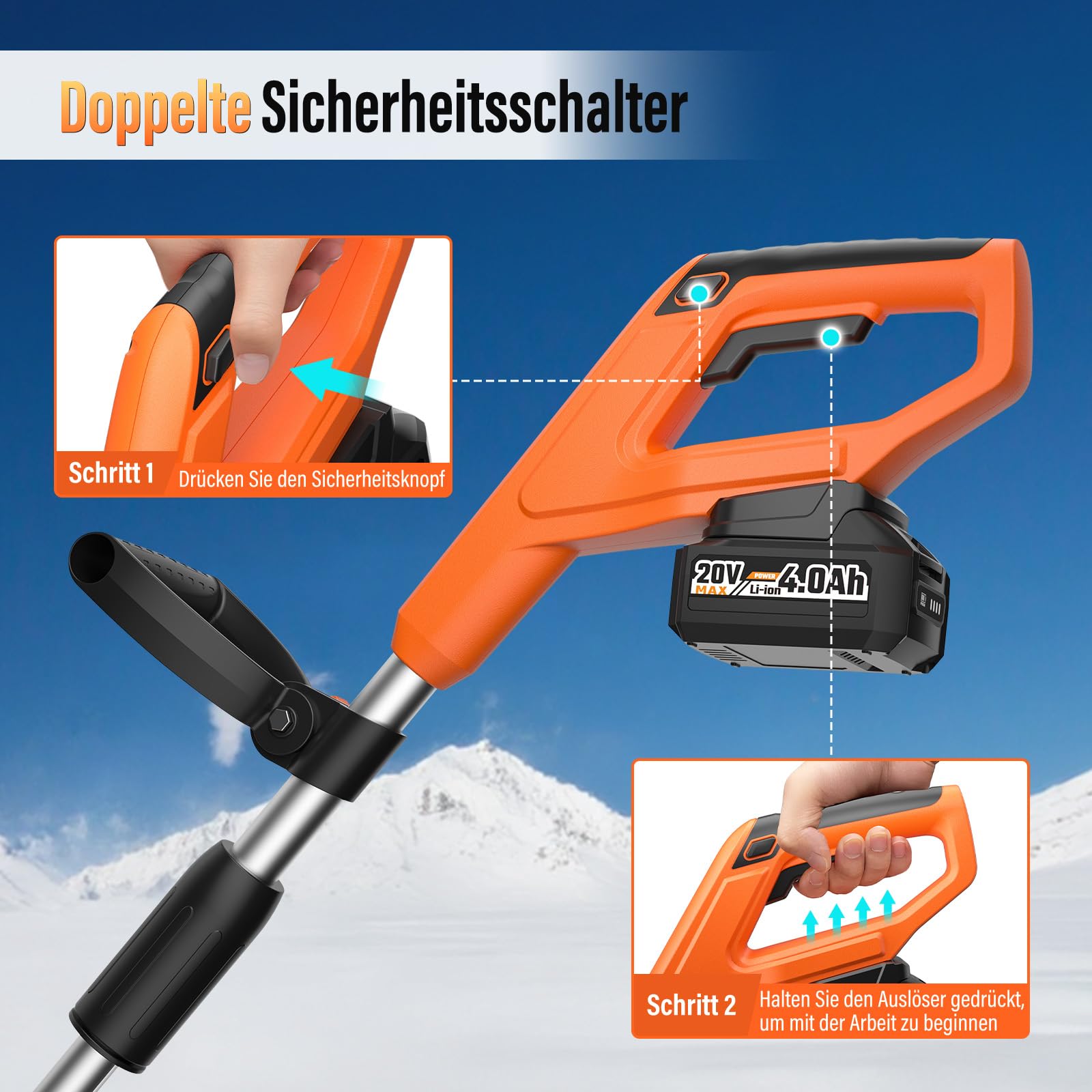 Akku Schneefräse,elektrische Schneefräse Akku 2× 4.0Ah mit Ladegerät,Arbeitsbreite 30 cm, maxSchneehöhe 20 cm,bis 3m Auswurf,30° Verstellbarer Auswurfkanal für Gehwege,Einfahrten