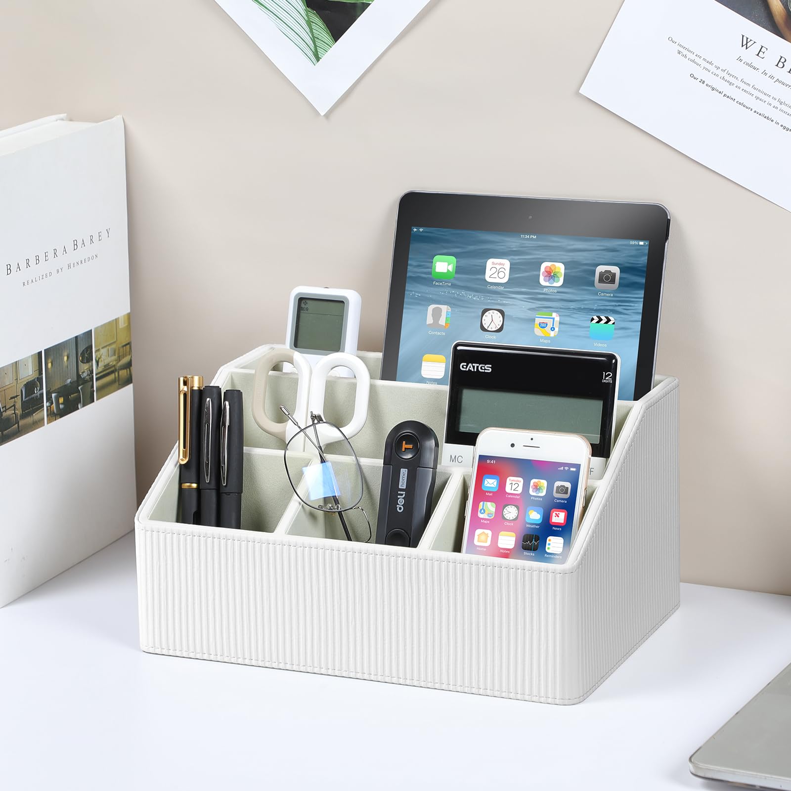 Organizador de escritorio de piel sintética con posavasos, caja de almacenamiento multifuncional con 5 compartimentos, accesorios de oficina, bolígrafo, lápices, tarjetas de identificación