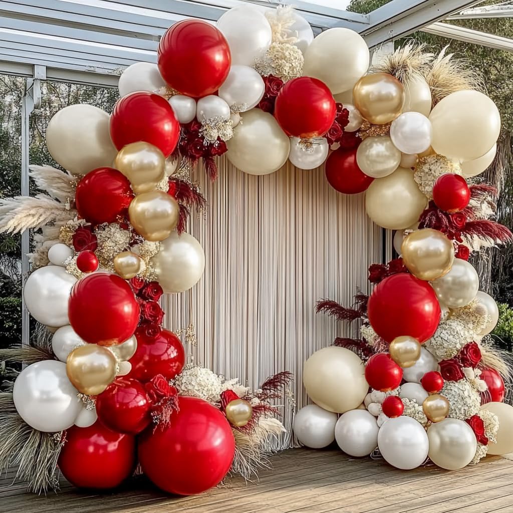 Red White Gold Garland Double Stuffed Ruby Red Pearl White Different Sizes 18In 12In 5In Balloon Arch Kit For Baby Shower Gender Reveal Birthday Party Decorations