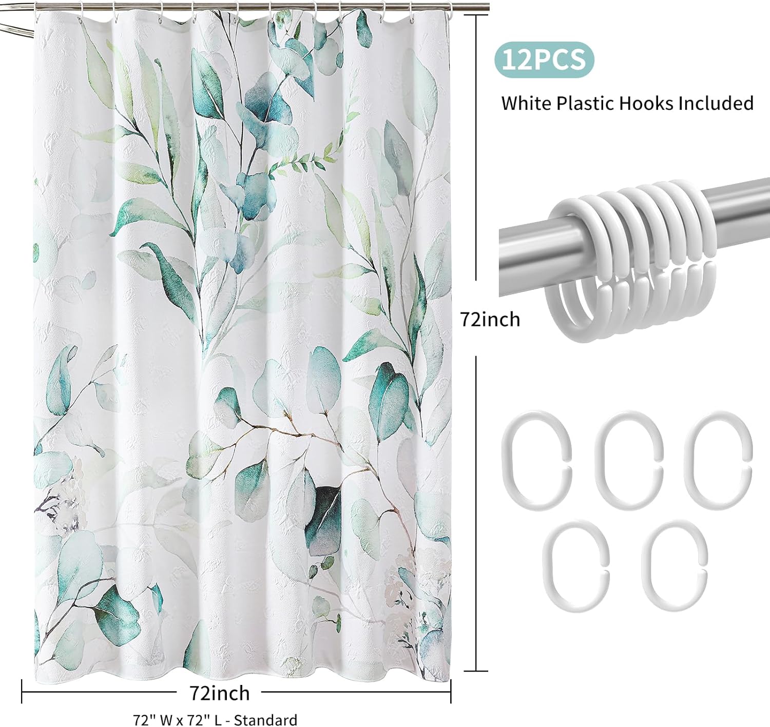 QiyI Eucalyptus Shower Curtain, 3D Embossed Butterflies Bathroom Curtain, Watercolor Green Blue Leaves Minimalist Cloth Bath Curtain, Waterproof Fabric Greenery Shower Curtain Set with Hooks, 72x72