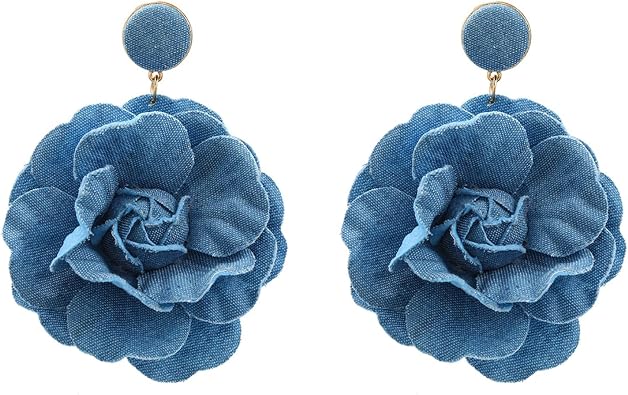 Denim Earrings Flower Earrings for Women Blue Floral Long Drop Earring Boho Statement Dangle Earring Fashion Jewelry Gift for Her Party Vacation Outfit
