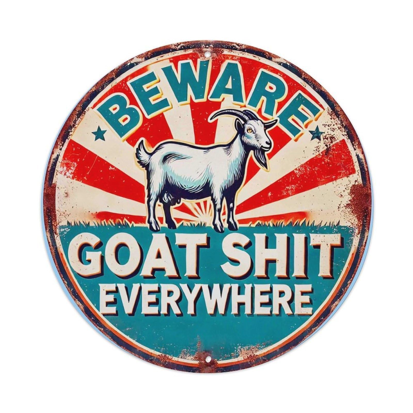 Beware Goat Shit Everywhere Sign Vintage Round Tin Sign Retro Metal Wall Decor Metal Poster, Home Bar Garage Cafe Wall Art Decoration 8x8Inches