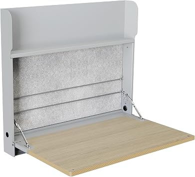 Vari Hide-Away Wall Mounted Floating Desk - 32 Foldable Murphy-Style Desk for Bedroom, Dorm, Apartment + Cable Ports, Bungee Storage, Shelf, 100 Lb Capacity + Simple Assembly Dove Grey/Light Wood