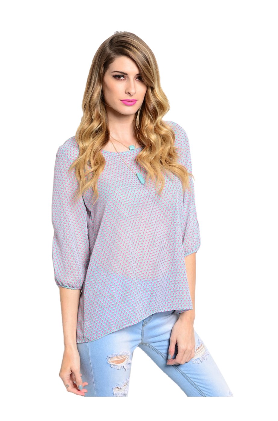 2LUV Women's 3/4 Sleeve Polka Dot Blouse W/Shoulder Cutout