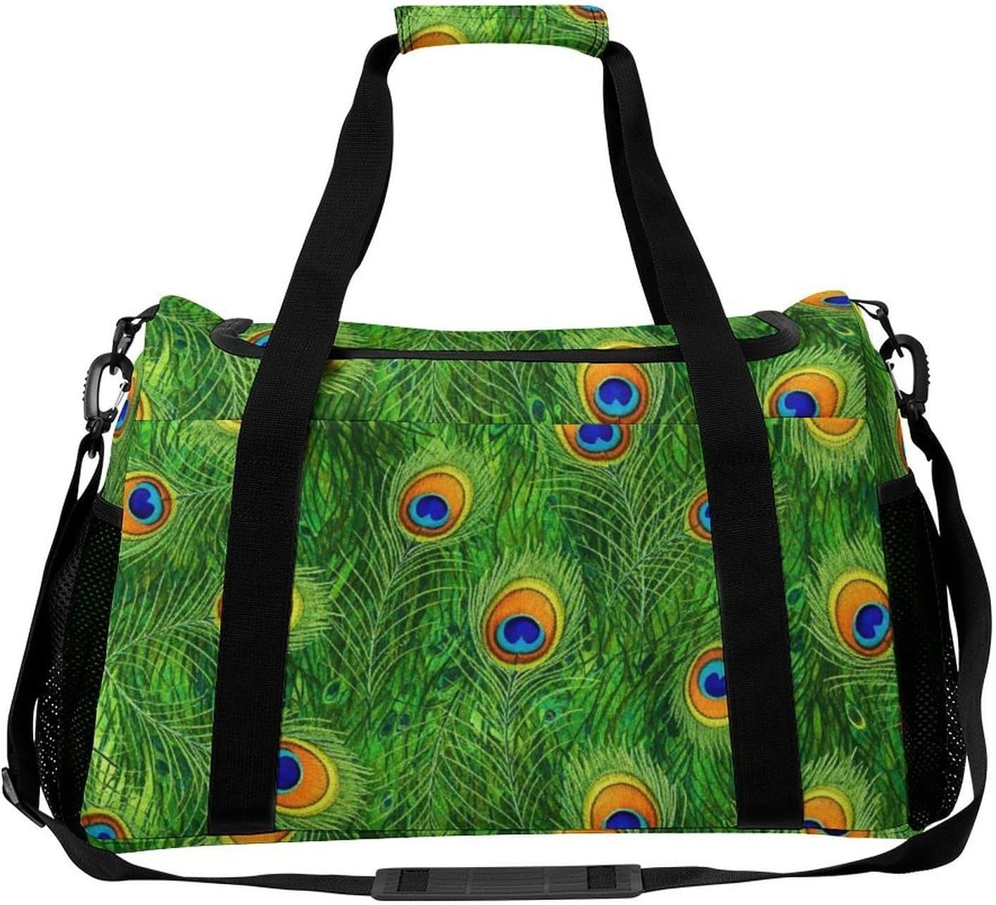 Carry On Luggage Tote Bags Green Peacock Feathers Toiletry Weekend Overnight Bag Travel Sport Gym Bag for Men Women