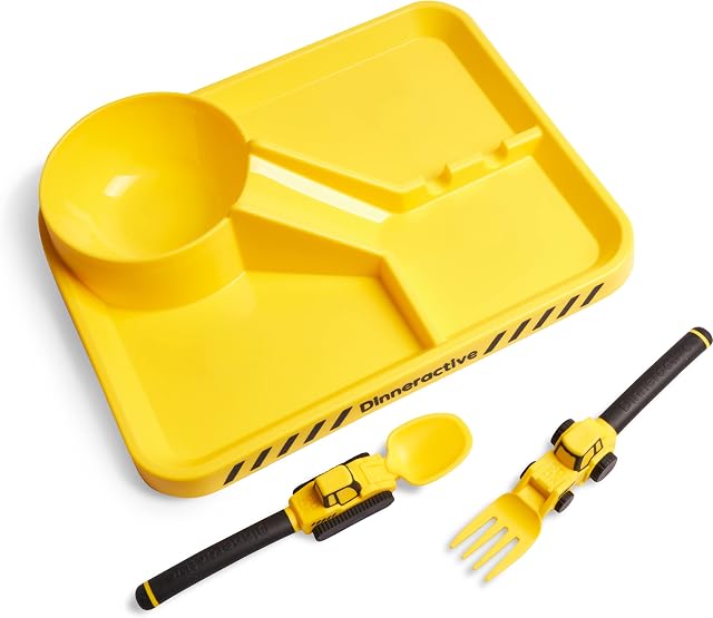 Dinneractive Dining Set for Kids - 3 PC Construction Themed Dinnerware - Tractor Utensils - Toddler Plates - Baby Dishes