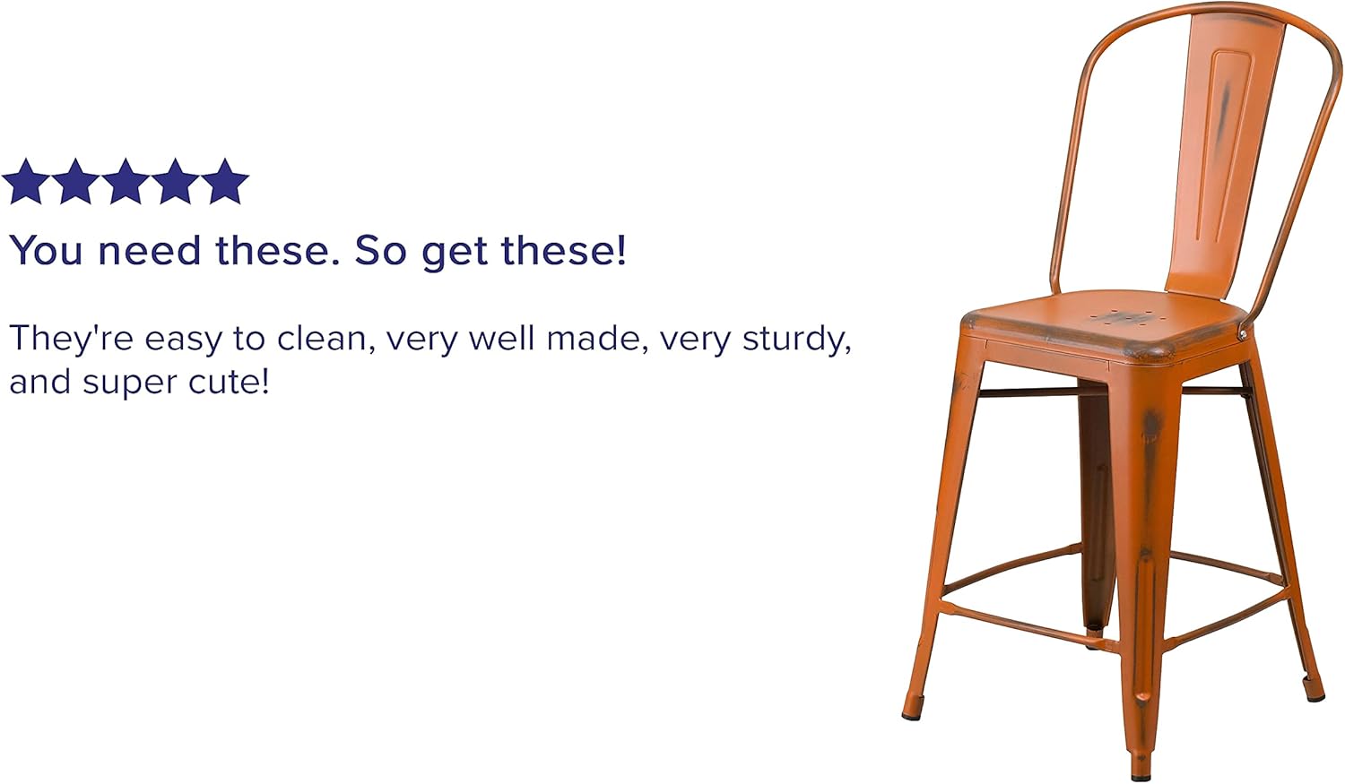 Flash Furniture Blake Commercial Grade 4 Pack 24" High Distressed Orange Metal Indoor-Outdoor Counter Height Stool with Back