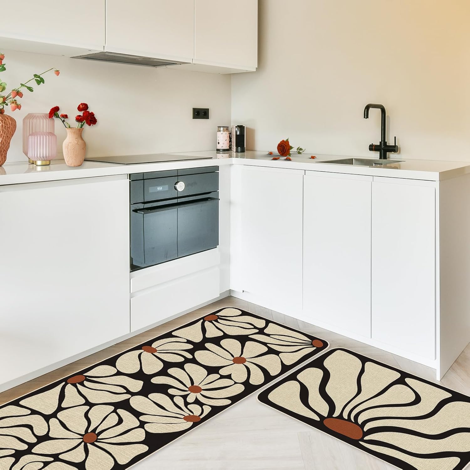 JarThenaAMCS Boho Floral Kitchen Mat Set of 2 Flower Kitchen Floor Mats Black Botanical Non-Slip Door Rugs for Home Bathroom Entrance, 17 x 29 Inch & 17 x 47 Inch