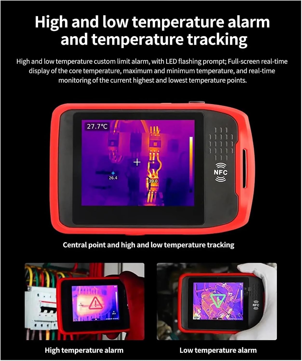 UTI260T screen showing high temperature alarm (red triangle) and low temperature alarm (green triangle) indicators.