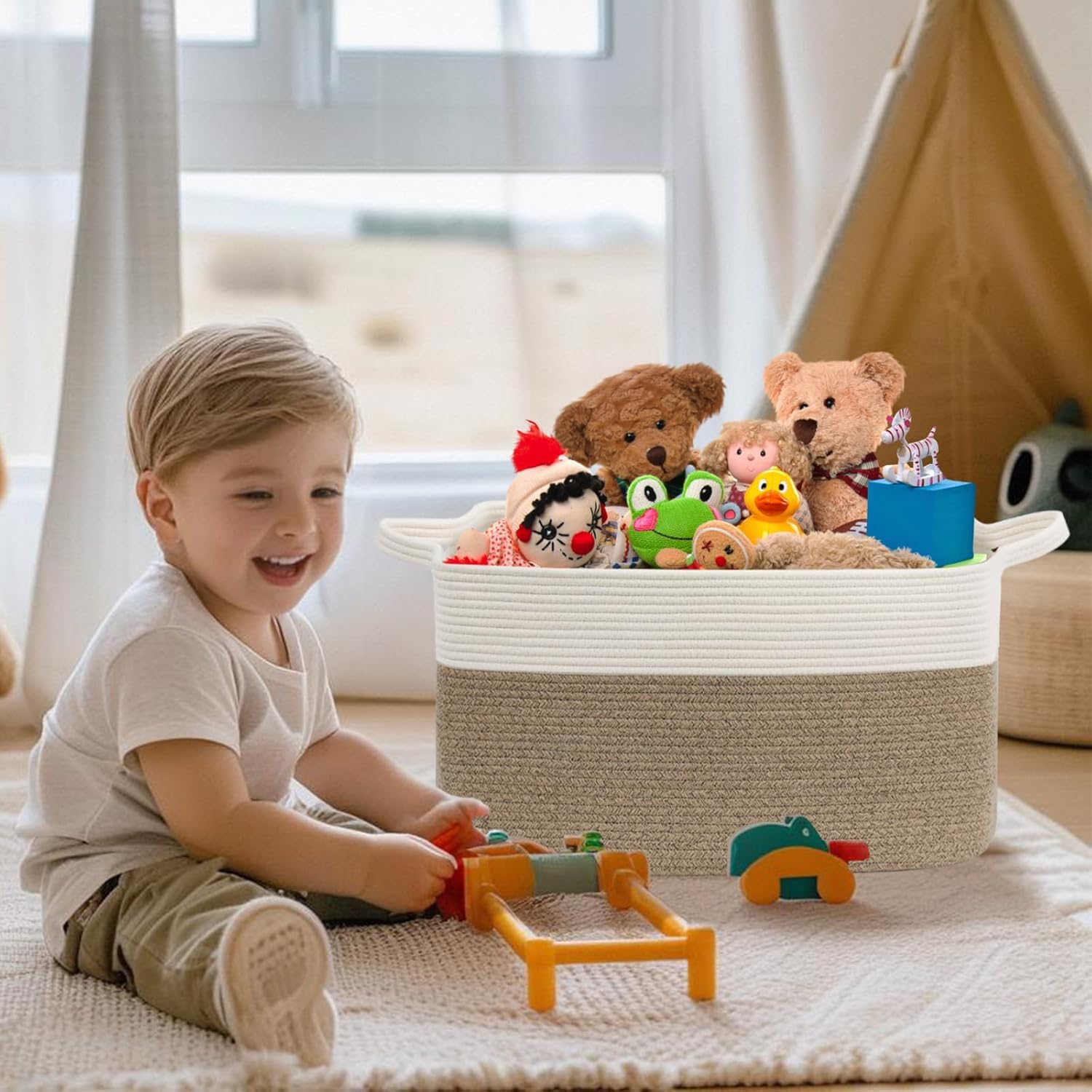 Cesto Portabiancheria Sporca Intrecciato in Cotone, 63L Cesto Portaoggetti con Manico, Cesta Giochi Bambini Grande, Cesta Panni Sporchi Pieghevole per Bagno, Camera da Letto(Marrone scuro)
