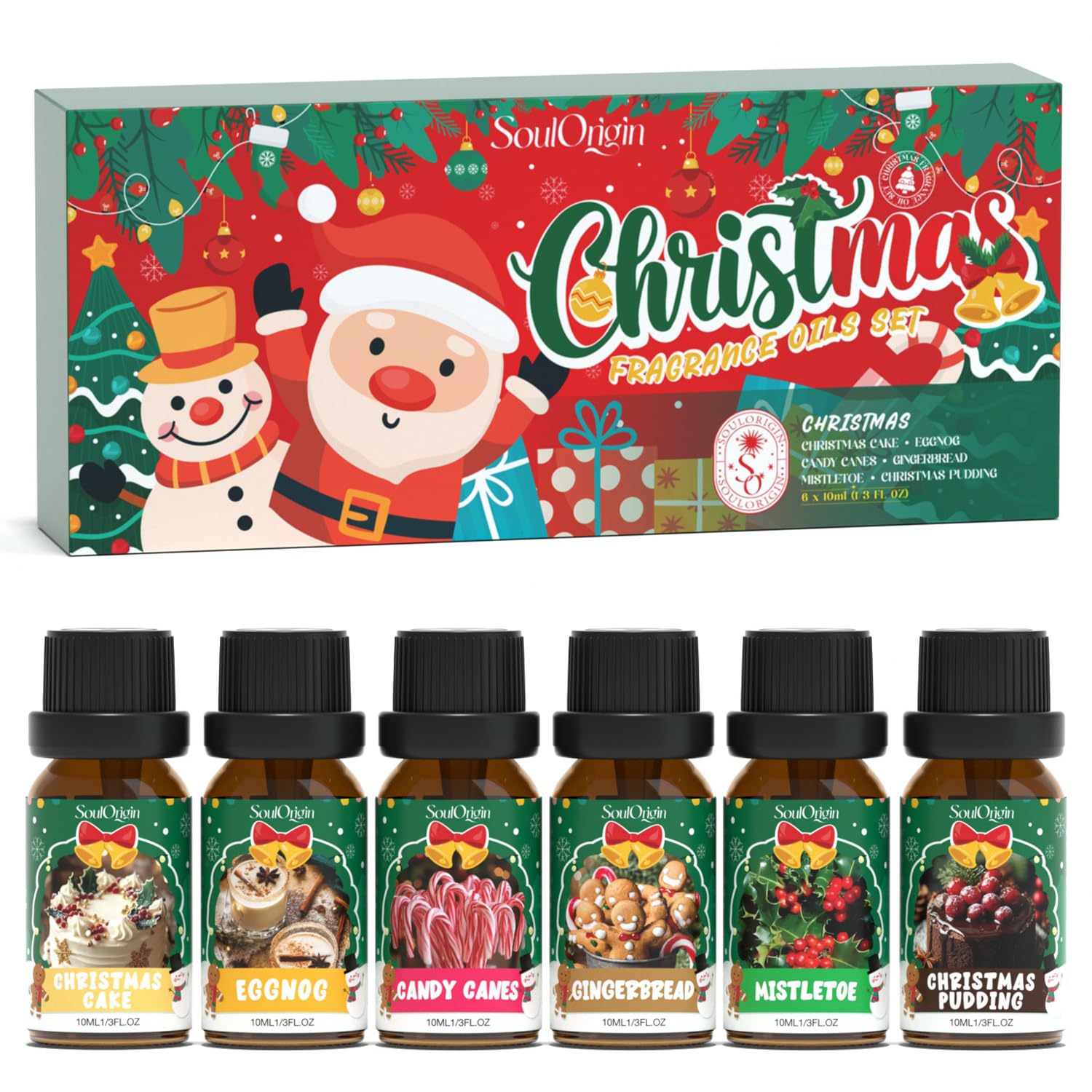 Christmas Essential Oils Set, Fragrance Oil Set for Diffuser, Scent Diffuser Oil for Candle Making-Christmas Cake, Eggnog, Candy Canes, Gingerbread, Mistletoe, Christmas Pudding