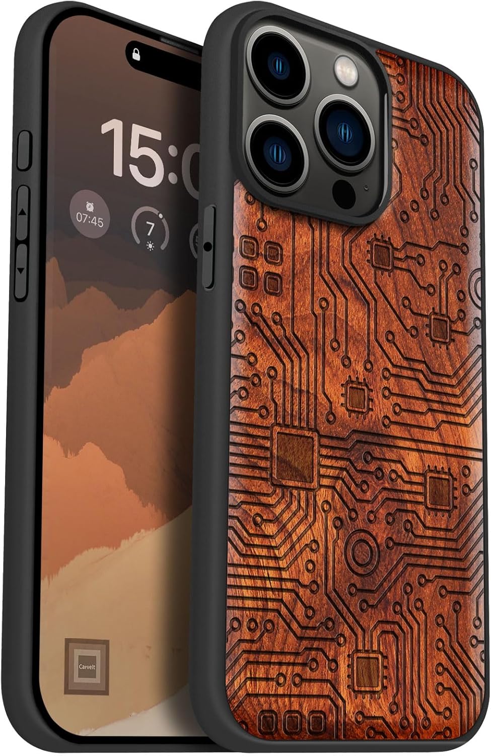 Carveit Magnetic Wooden Case for iPhone 15 Pro Max Case, Compatible with MagSafe Wireless Chargers, Black Soft TPU Shockproof Cover & Wood Artisan Engraved (Motherboard) - Rosy