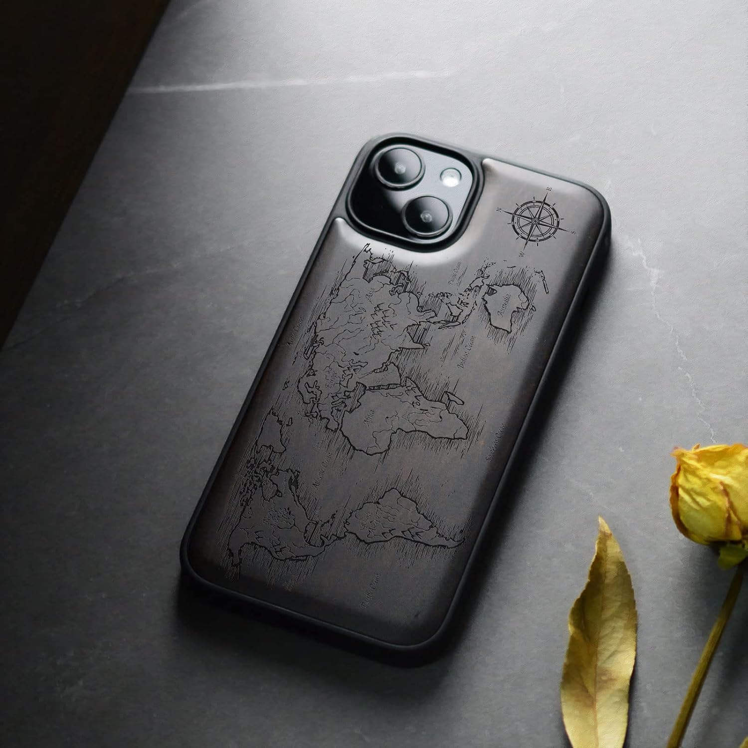 Carveit Magnetic Wood Case for iPhone 13 Case [Natural Wood & Black Soft TPU] Unique & Classy Wooden Shockproof Protective Cover Compatible with magsafe (Compass Maps -Blackwood)