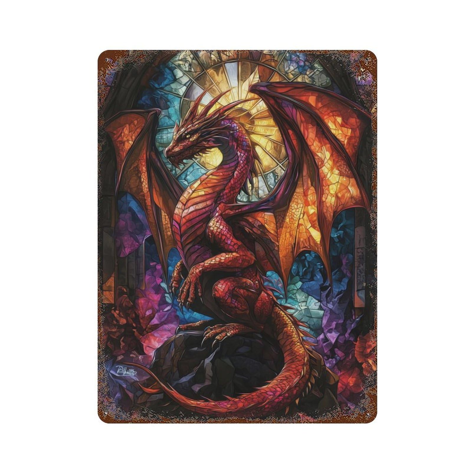 Vintage Rust Metal Sign Stained Glass Dragon 15.7"x11.8", Novelty Wall Decor for Garage, Bar And Workshop Decor