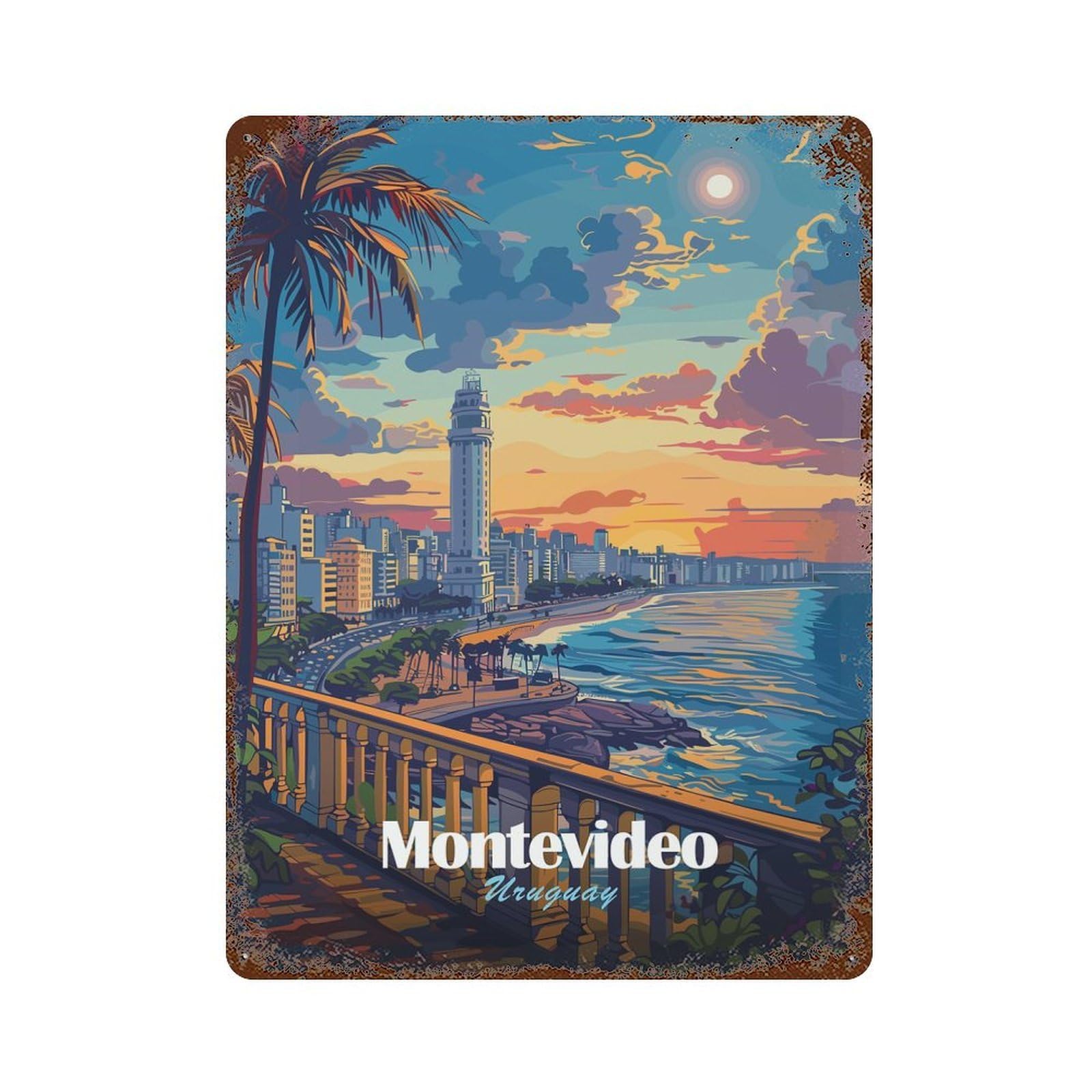 Montevideo Uruguay Cityscape at Sunset 15.7"x11.8" Rust Effect Tin Sign, Decorative Metal Wall Art for Garage, Bar And Workshop Decor