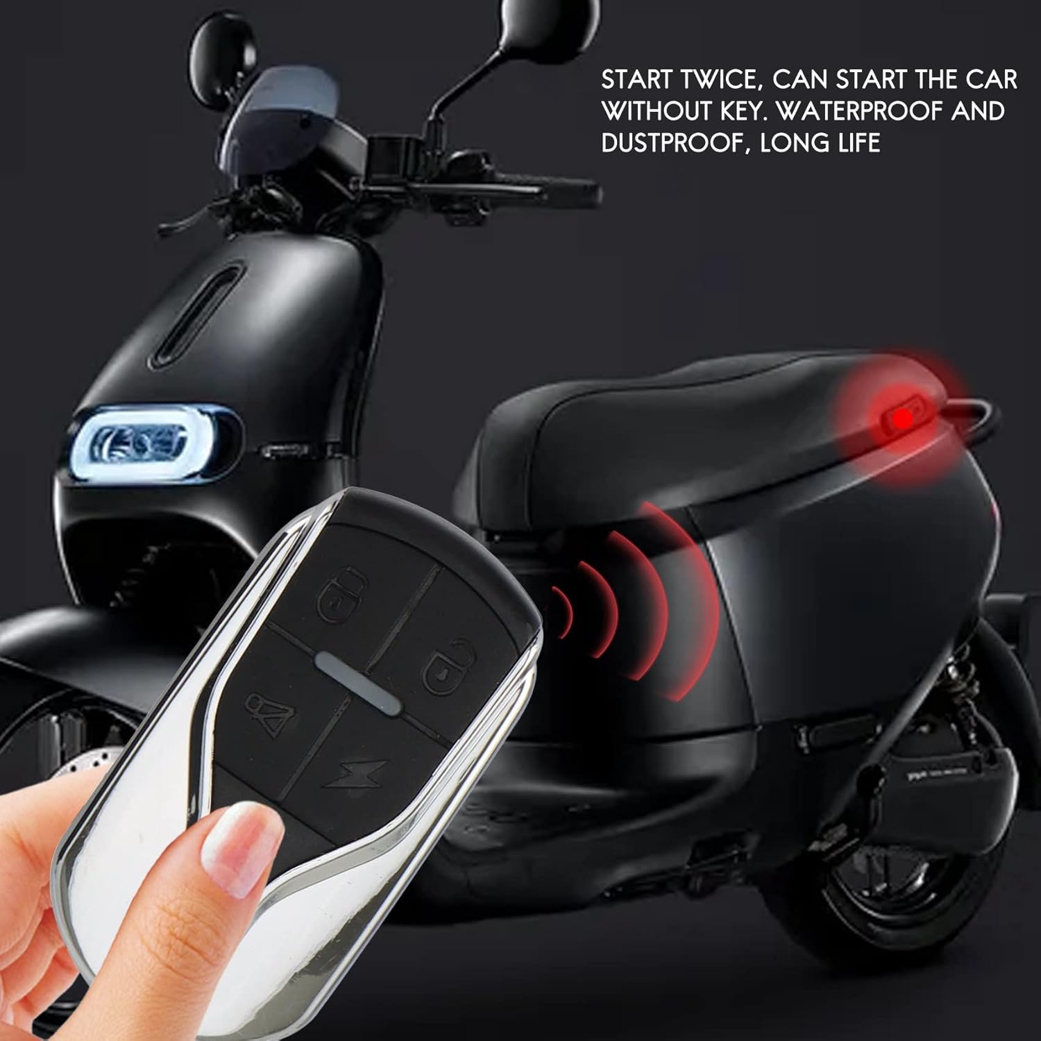 Image showing a hand holding a remote control, with an e-scooter in the background, illustrating the keyless start function.