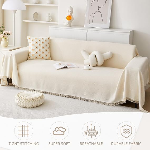 Twill Geometric Pattern Sofa Cover, Cream White, 71 118