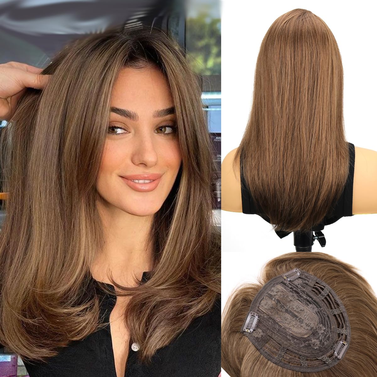 18 inch Hair Toppers for Women with Thinning Hair Straight Hair Topper Synthetic Wig Clip In Hair Topper 6.5″x6.5″ large Base with Bangs Hairpiece Light and Natural Hair Piece Brown