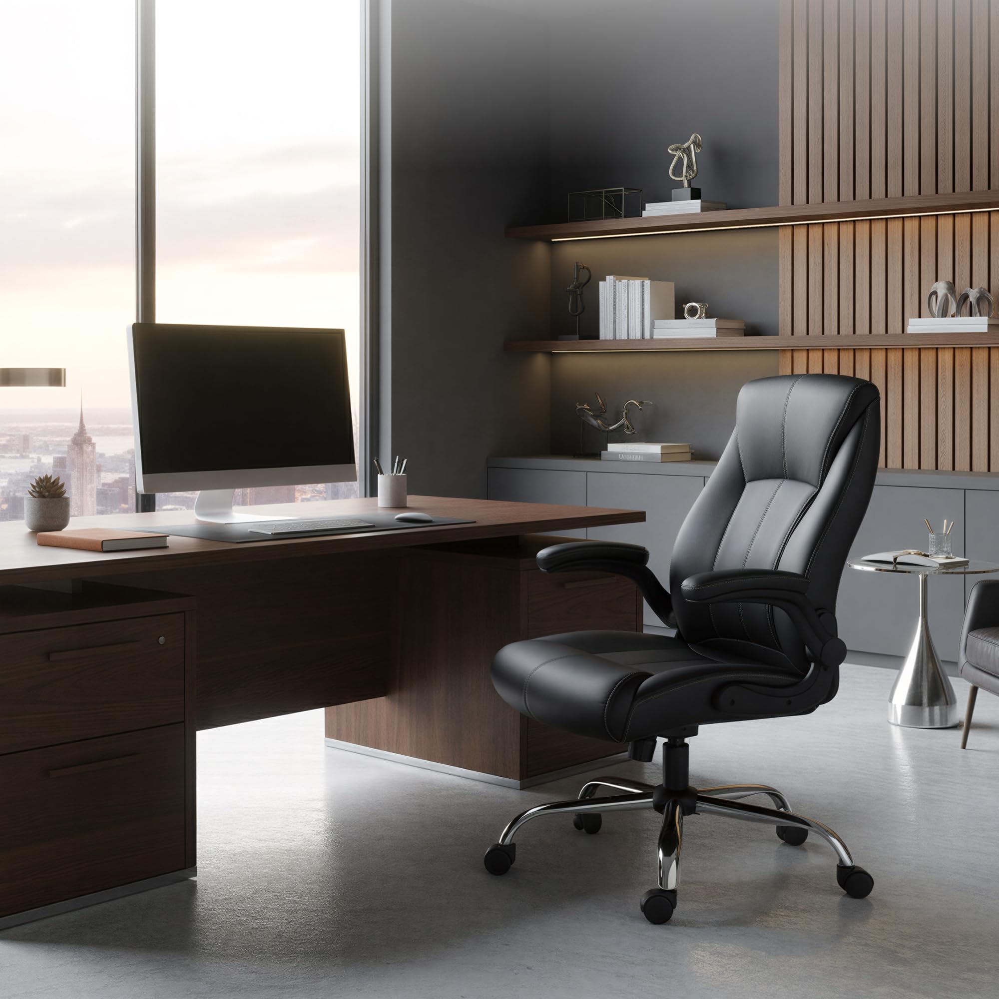 Big and Tall Office Chair for Heavy People, Executive Desk Computer Chair Adjustable Flip-up Armrests, PU Leather Swivel Task Chair with Ergonomic High Back and Lumbar Support