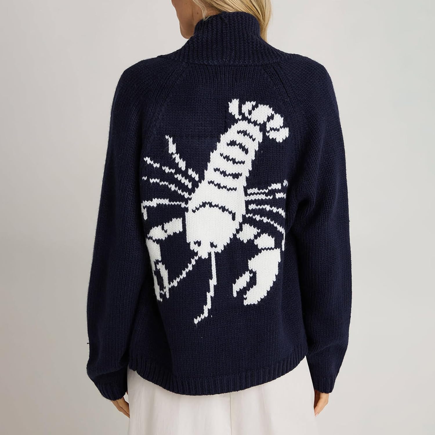 Women's Cardigan Sweater Lobster Print Embroidered V-Neck Long Sleeve Shawl Collar Button Down Knit Tops Jumper Outfit