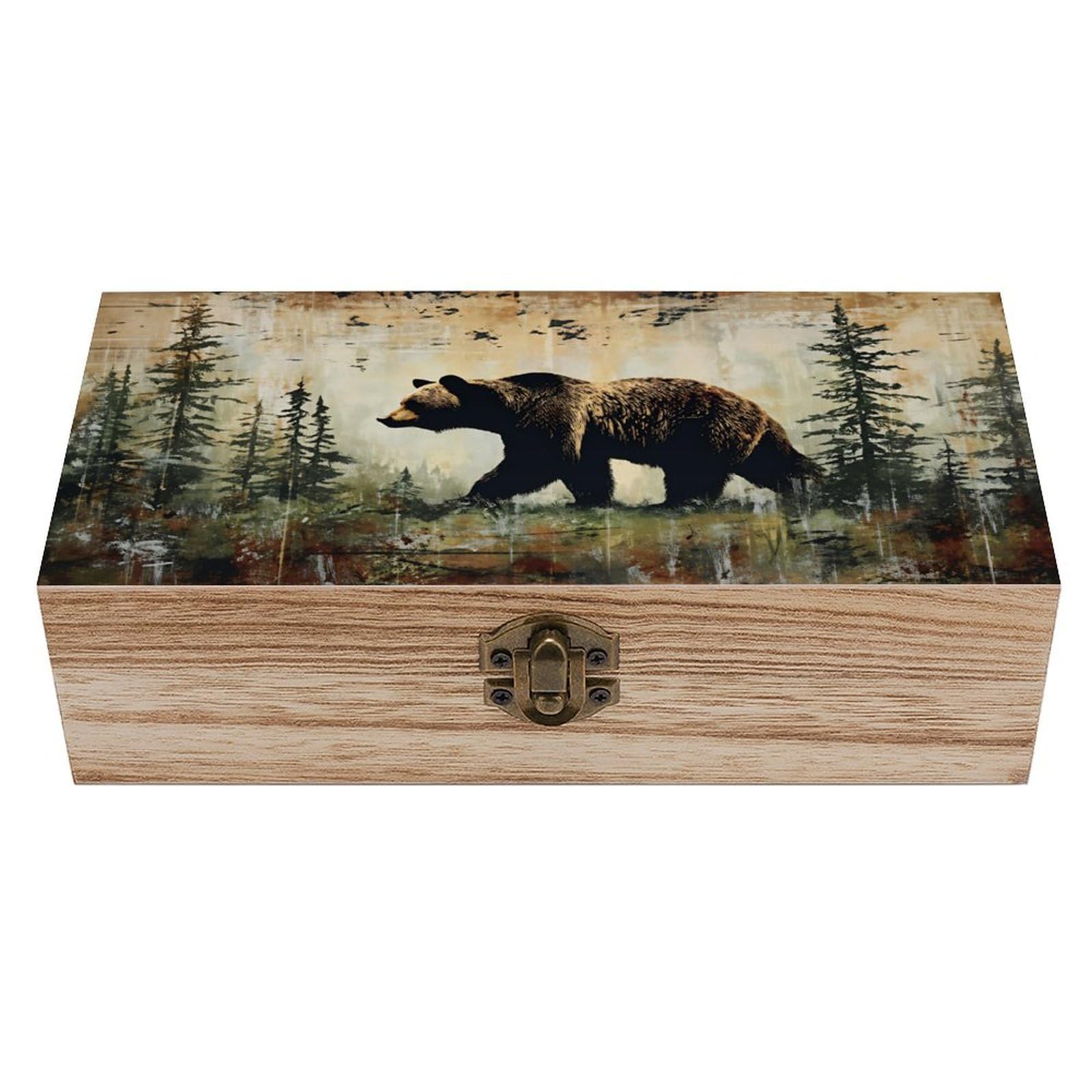 SMAZDFXX Bear Wildlife Wooden Keepsake Box Vintage Solid Wood with Hinged Lid 7.9"×3.7"×2.3" Metal Latch Rustic Home Decor for Jewelry Photos And Trinkets