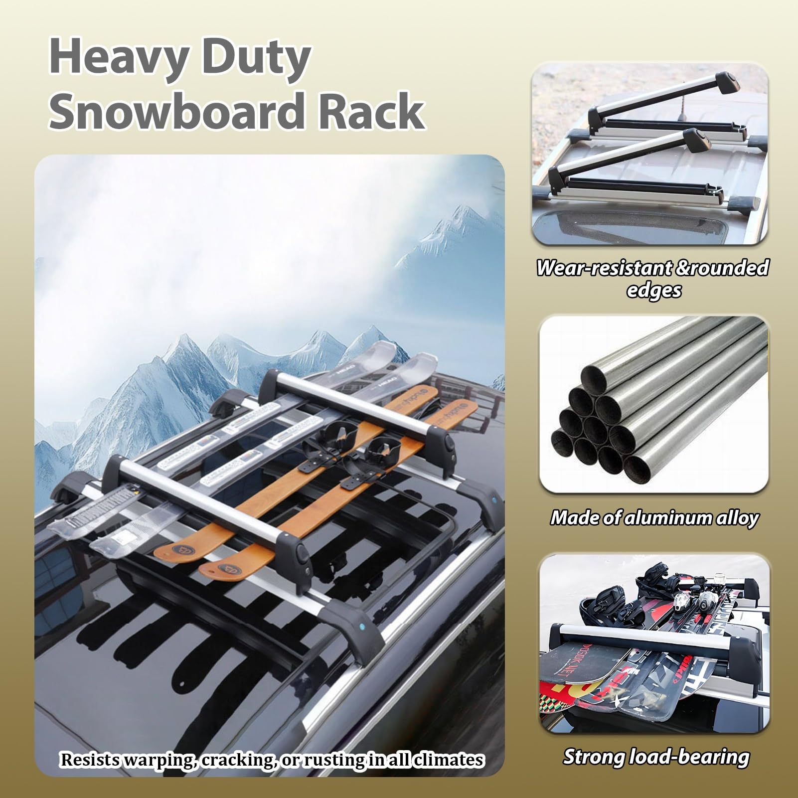 Stojak na Narty Zamykany Teleskopowy Bagażnik Dachowy, Szerokość Załadunku 63 cm, Uniwersalny Hak Holowniczy, 4 Pary Nart, Dużego Formatu Organizer na Snowboard(Silver)