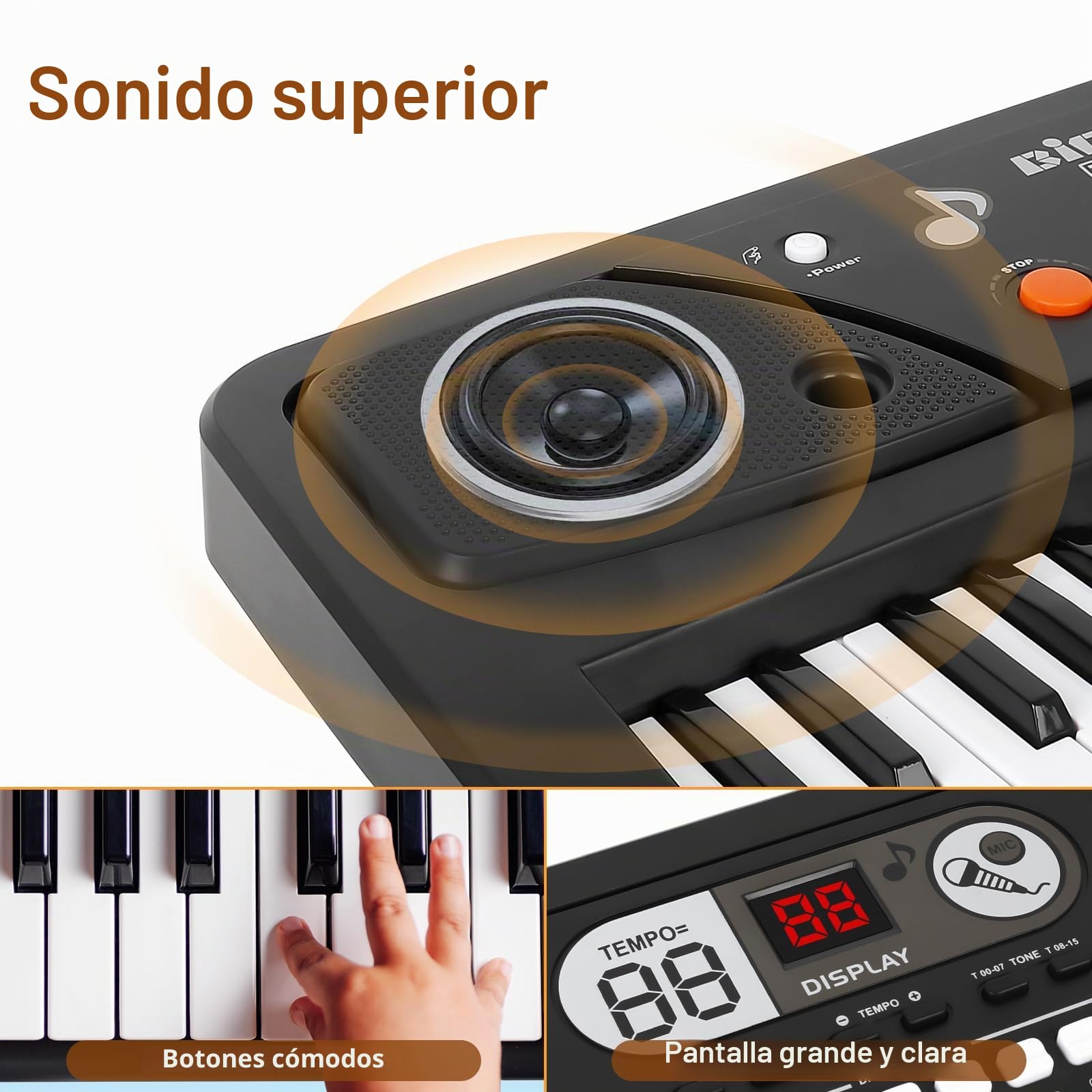 Teclado de Piano 61 Teclas, Portátil Teclado Electrónico de Piano con Micrófono y Cable USB Musical Instrument Piano para Principiante Niños Niño Niñas Regalo