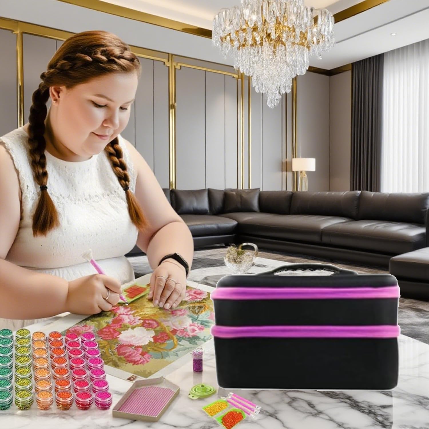Maletín Portátil DIY para Diamond Painting en Rosa con 240 Botes - Caja Organizadora de Accesorios Anti-Derrame, Almacenaje para Diamond Painting Accesorios